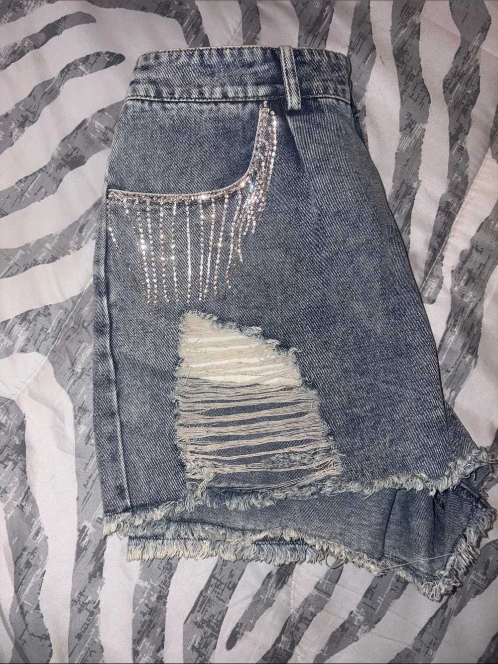 Rhinestone Accent Distressed Denim Shorts - Blue